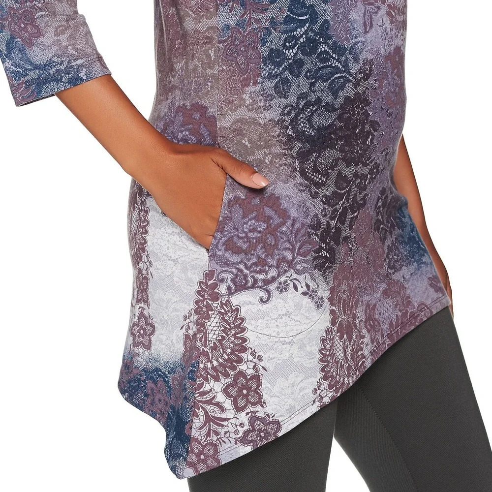 LOGO Lounge by Lori Goldstein French Terry lace Printed Top Asymmetric Hem large - Picture 4 of 4
